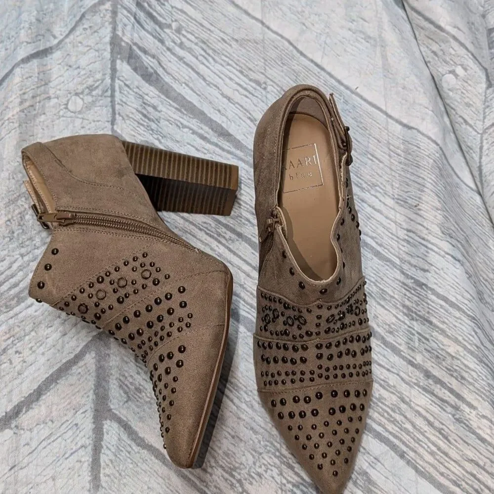 Western Studded Pointed Toe Ankle Booties Tan Block Heel Kaari Blue Sz 10‎